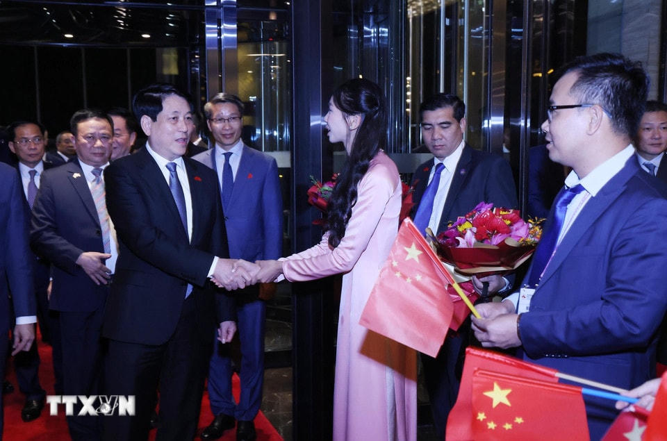 Kiều bào, lưu học sinh Việt Nam tại Trung Quốc đón Chủ tịch nước Lương Cường. (Ảnh: Lâm Khánh/TTXVN)