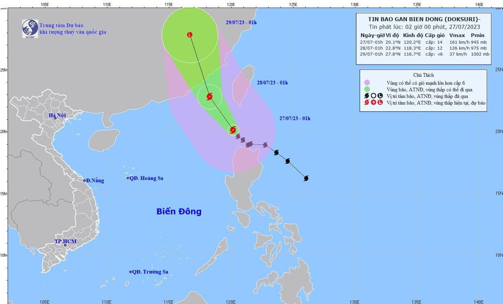 Hướng đi của bão Doksuri. (Nguồn: Trung tâm Dự báo Khí tượng Thủy văn Trung ương).