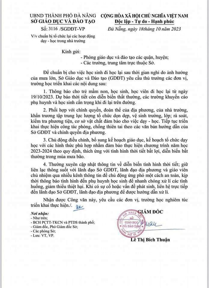 Văn bản ngày 18/10 của Giám đốc Sở Giáo dục và Đào tạo TP Đà Nẵng gửi các cơ sở giáo dục trên địa bàn.