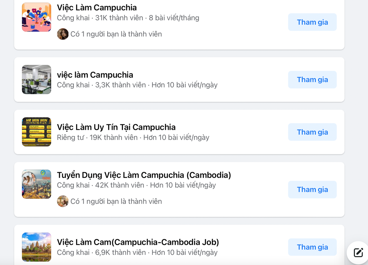 Hoạt động cò mồi, môi giới lao động sang Campuchia vẫn diễn ra sôi nổi trên các hội nhóm.