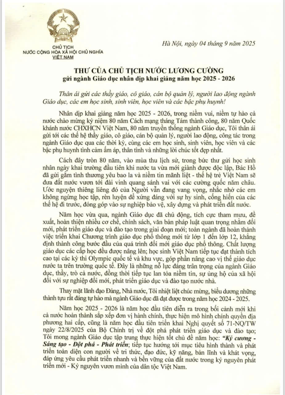 Thư của Chủ tịch nước Lương Cường gửi ngành Giáo dục nhân dịp khai giảng năm học 2025-2026- Ảnh 2.