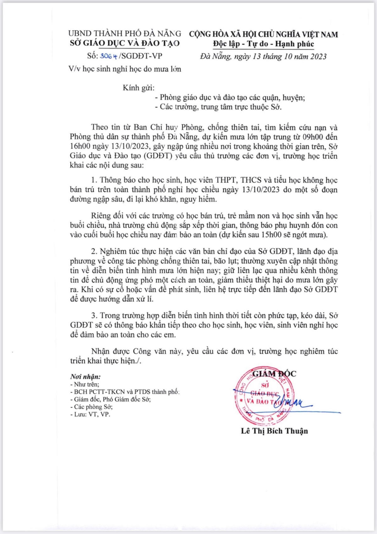 Công văn của Sở Giáo dục và Đào tạo Đà Nẵng cho học sinh, học viên không bán trú nghỉ học chiều 13/10