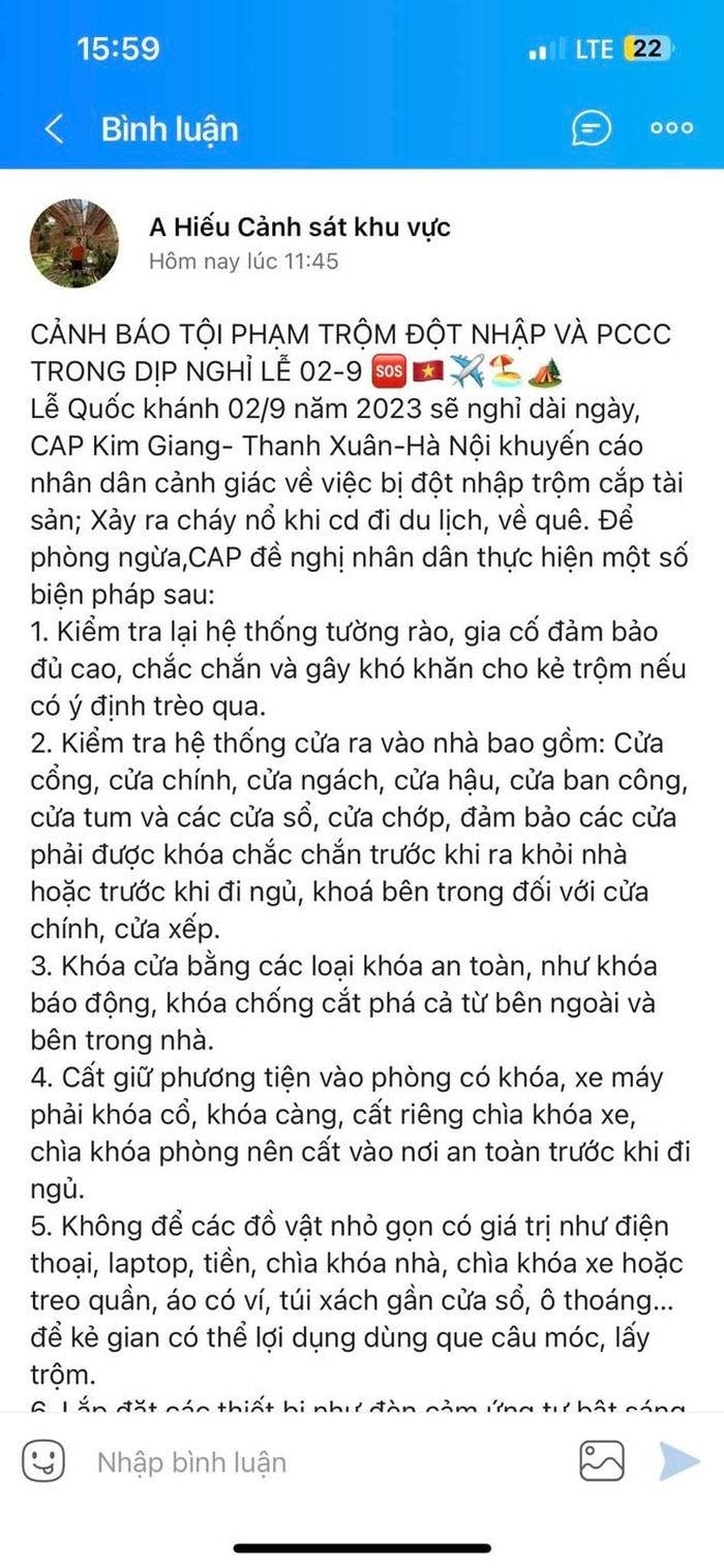 Cảnh báo được Công an các phường, xã, thị trấn thông báo đến người dân. Ảnh: Công an TP Hà Nội.