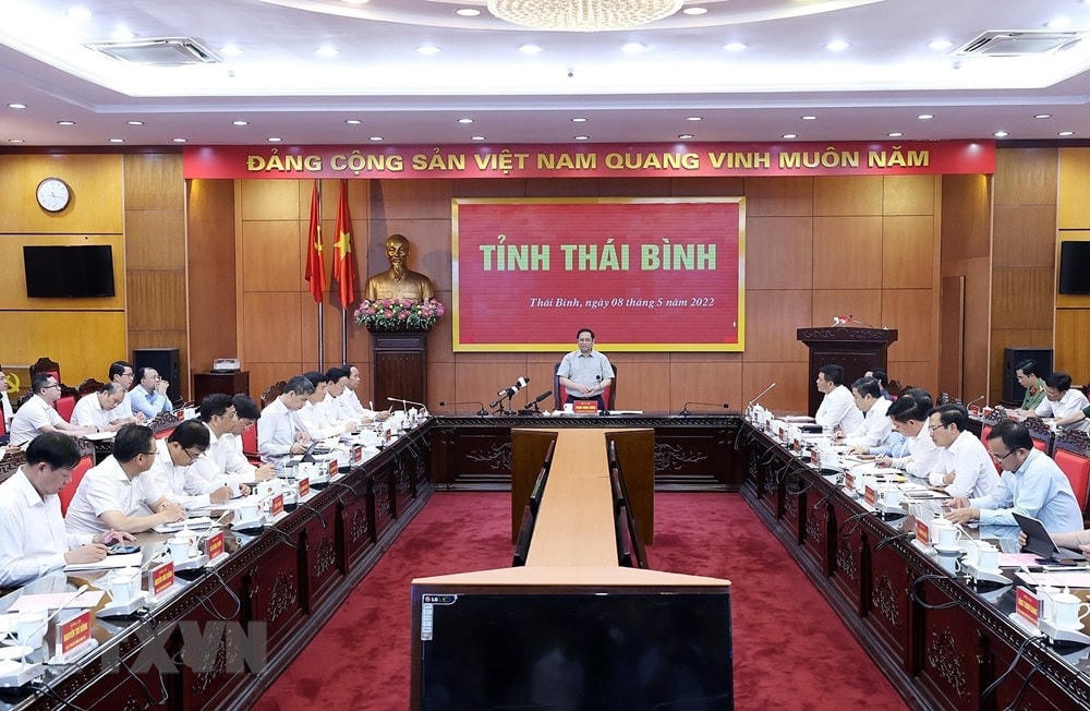 Quang cảnh buổi làm việc của Thủ tướng Phạm Minh Chính làm việc với lãnh đạo chủ chốt tỉnh Thái Bình. (Ảnh: Dương Giang/TTXVN).