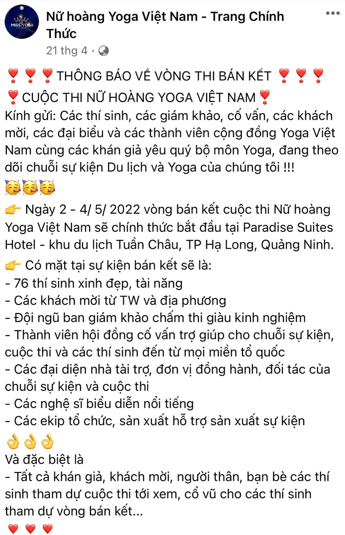 Thông tin về vòng thi bán kết cuộc thi Nữ hoàng Yoga Việt Nam diễn ra tại Quảng Ninh.