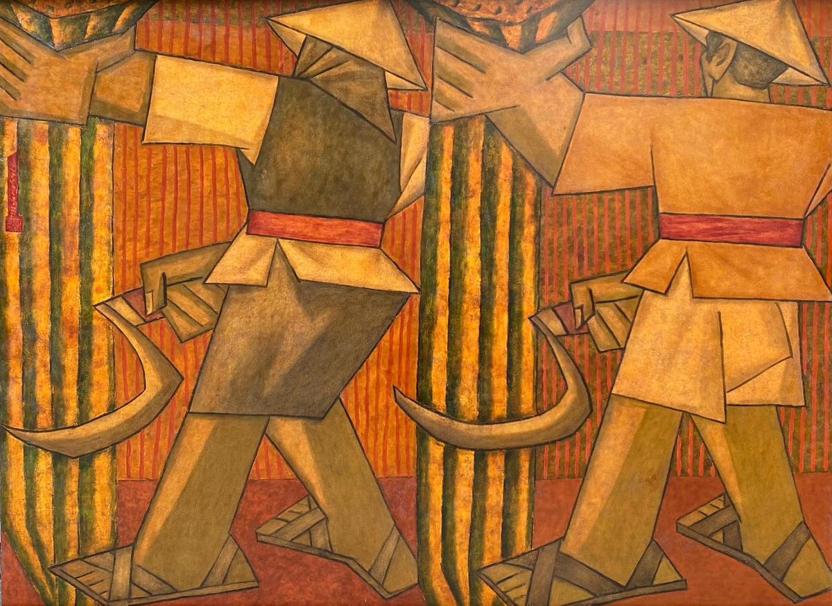 Tác phẩm “Hai người thợ gặt” (2006, sơn mài trên gỗ, kích thước 120 x 160 cm).  