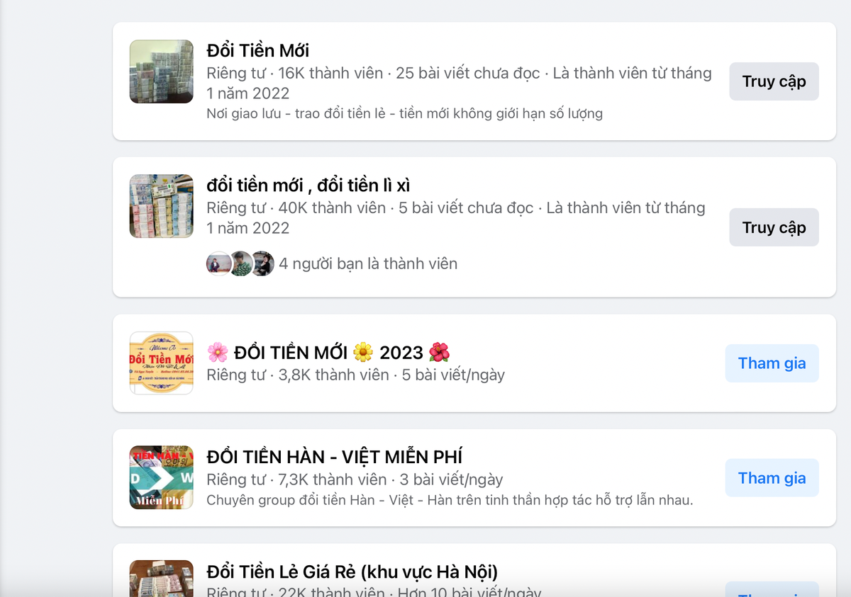 Các hội nhóm đổi tiền lẻ, tiền mới tràn ngập mạng xã hội. (Ảnh chụp màn hình).