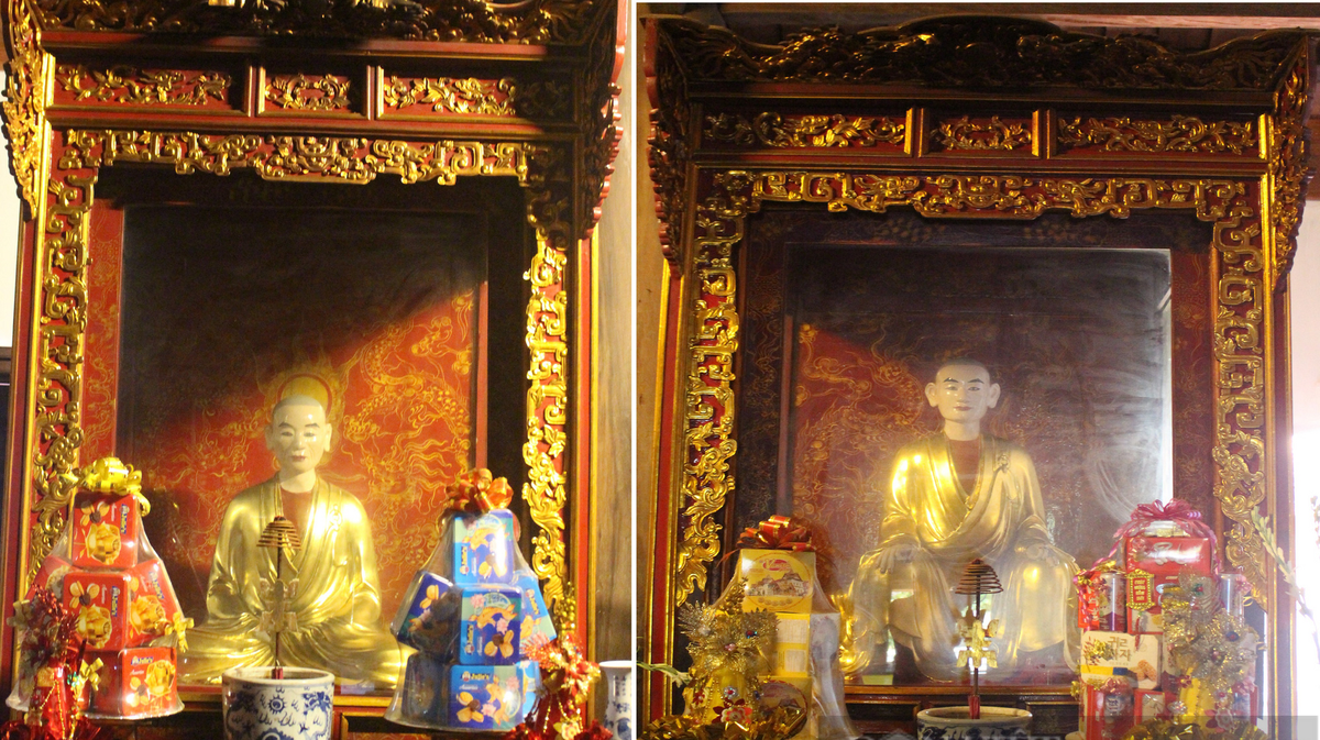Tượng Pháp Loa (bên trái) và tượng Huyền Quang tại chùa Tháp Phổ Minh (Nam Định) vừa được Thủ tướng Chính phủ công nhận là bảo vật quốc gia. Cùng với Phật hoàng Trần Nhân Tông, hai vị Pháp Loa và Huyền Quang là những người đã sáng lập Thiền phái Trúc Lâm.