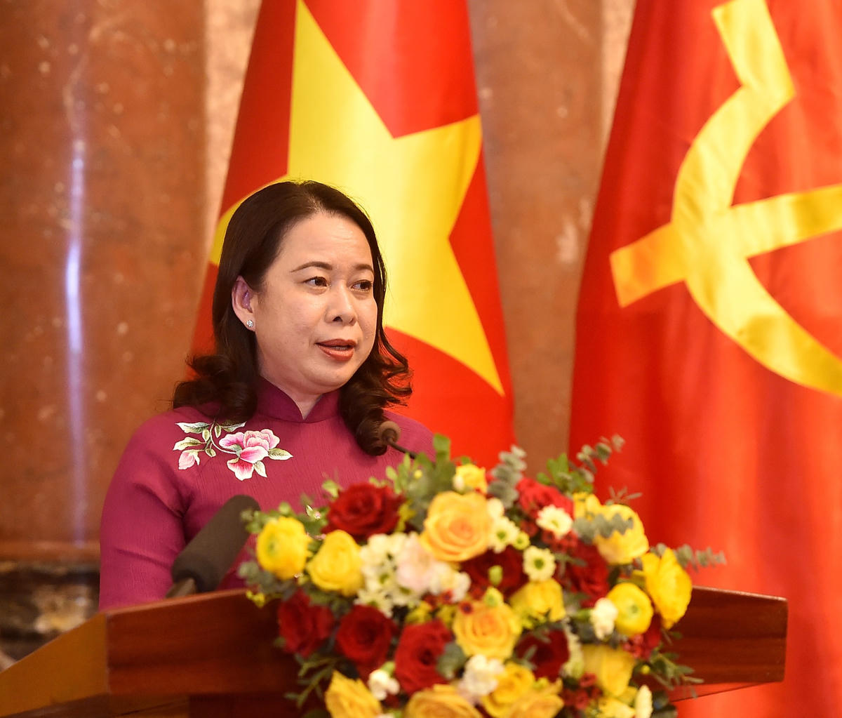 Quyền Chủ tịch nước Võ Thị Ánh Xuân phát biểu tại buổi lễ. Ảnh VGP.
