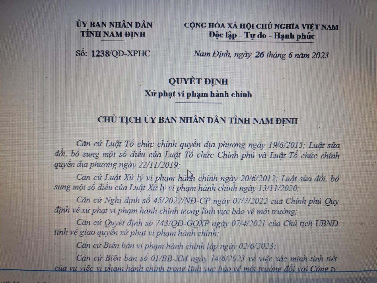 Văn bản quyết định xử phạt của Chủ tịch UBND tỉnh Nam Định.