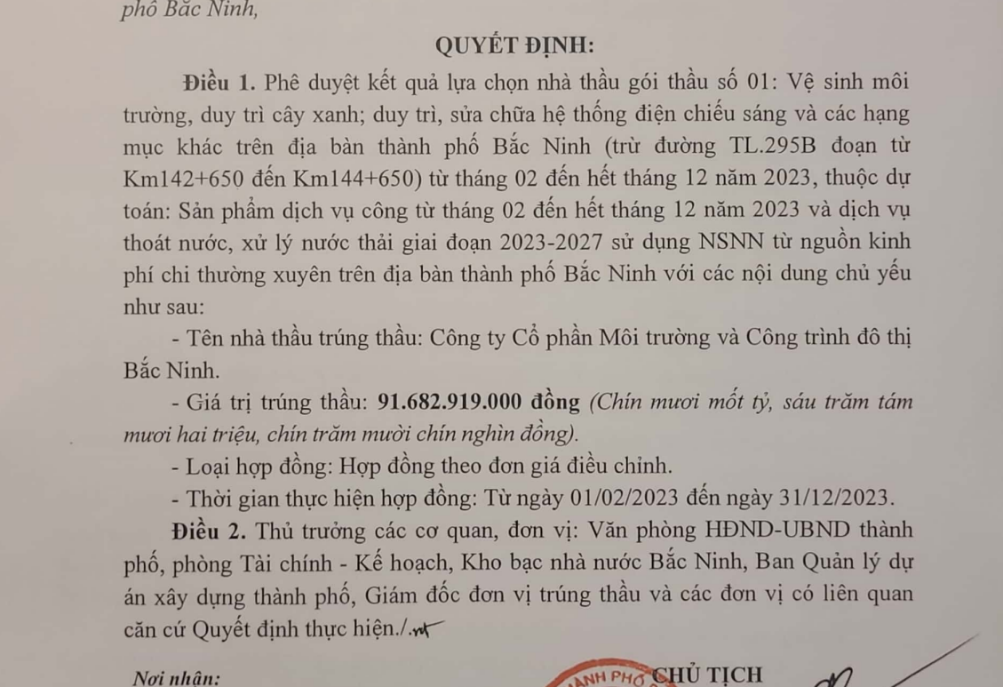 UBND thành phố Bắc Ninh lựa chọn Công ty cổ phần Môi trường và Công trình đô thị Bắc Ninh  trúng gói thầu hơn 91 tỷ đồng.