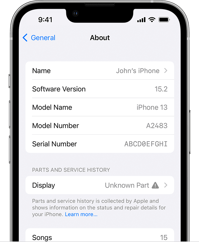 Tìm thông báo "Parts and Service History" (Lịch sử dịch vụ và bộ phận). Ảnh: Apple.