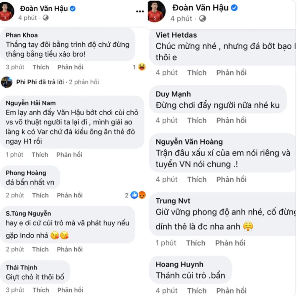 Phần lớn ý kiến khuyên Văn Hậu cần bỏ các pha bóng vung tay vào mặt đối thủ. Ảnh: Saostar.