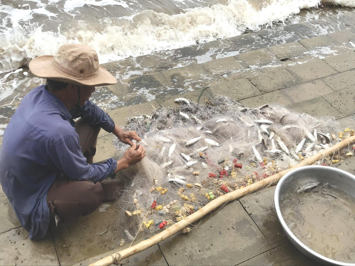 Anh Thuận đang gỡ lưới cá đối.  