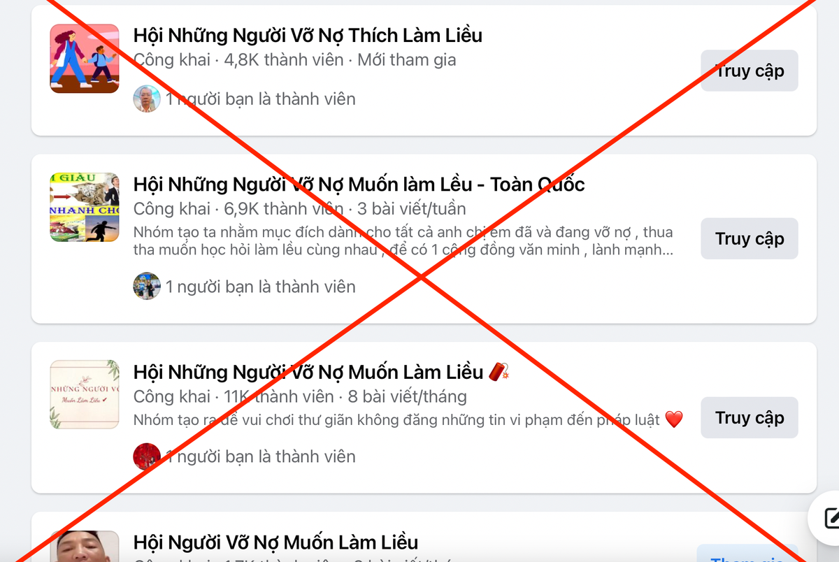 Nhan nhản các hội nhóm tiêu cực trên mạng xã hội. Ảnh chụp màn hình.