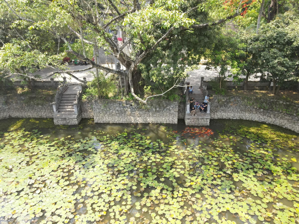 Phía trước khu di tích cáo một ao sen để du khách nghỉ ngơi, ngắm cảnh.