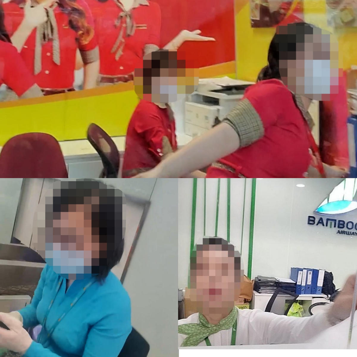 Nhân viên mặc trang phục các hãng hàng không Vietjet Air, Vietnam Airlines, Bamboo Airways hỗ trợ, giới thiệu hành khách với những người mặc đồng phục an ninh sân bay sau khi đã chuyển tiền "dịch vụ hỗ trợ bay" cho đại lý bán vé.