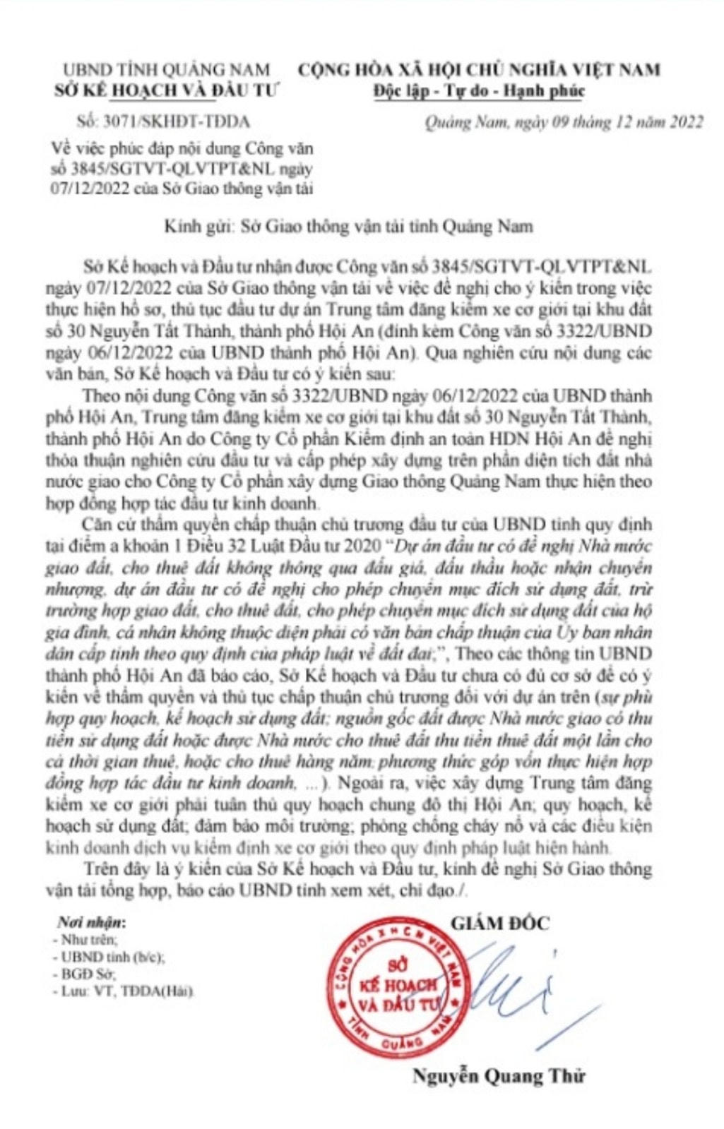 Văn bản Sở KH-ĐT trả lời lấy ý kiến về TTĐK xe cơ giới 92-06D.