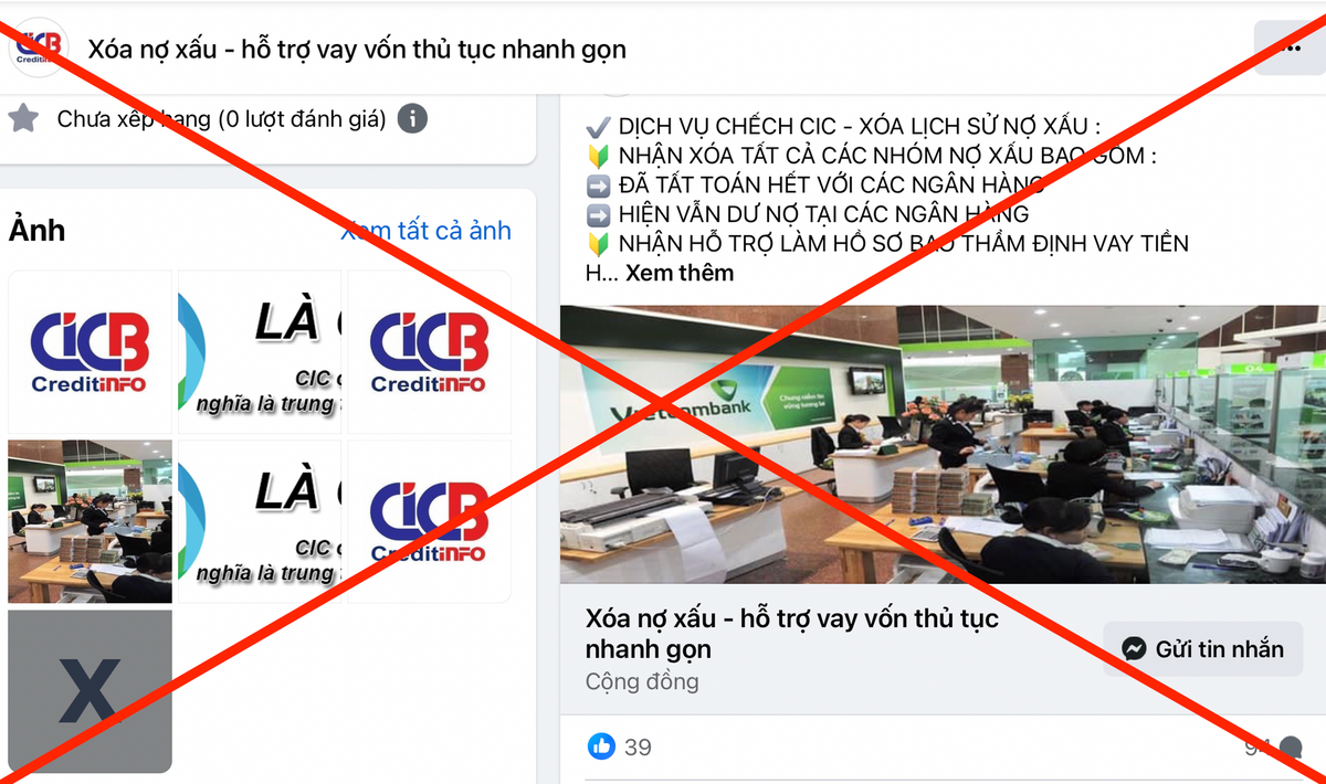 Quảng cáo trên một fanpage về dịch vụ xoá nợ xấu. Ảnh chụp màn hình.