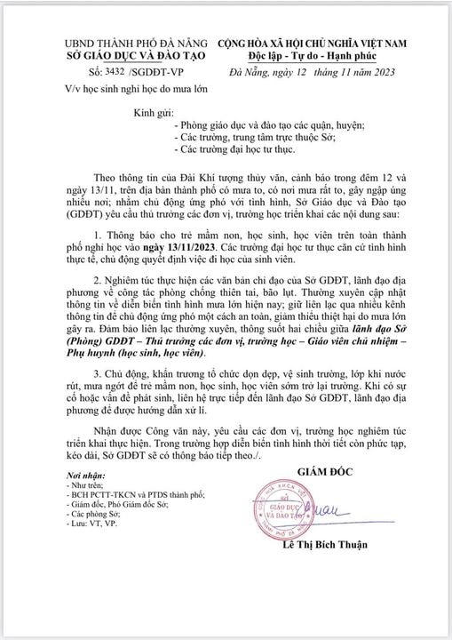 Công văn của Sở GD&ĐT Đà Nẵng cho học sinh nghỉ học.