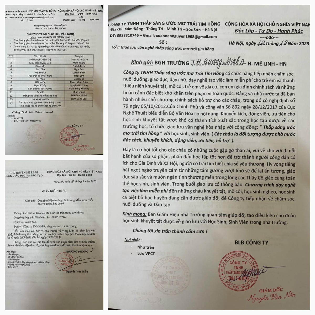 Văn bản giới thiệu của Phòng GDĐT để Công ty TNHH Thắp sáng ước mơ trái tim hồng liên hệ biểu diễn "từ thiện" khắp các trường học.
