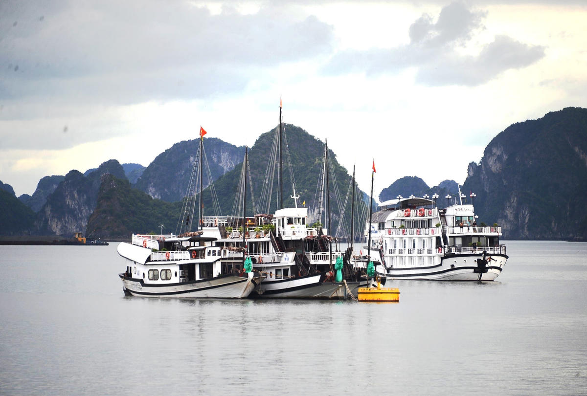 Không chỉ có tàu thuyền của ngư dân, những chiếc tàu du lịch cũng đang trú bão tại khu vực ven bờ đường bao biển Trần Quốc Nghiễn.
