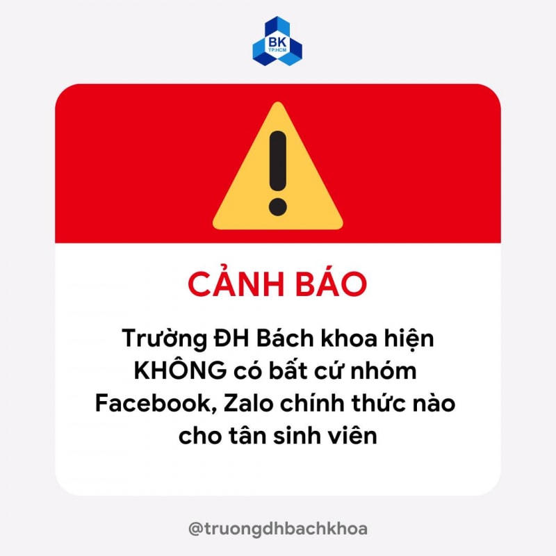 Trường Đại học Bách khoa TP HCM thông tin cảnh báo để tân sinh viên và phụ huynh cảnh giác. Ảnh: VGP/NN.