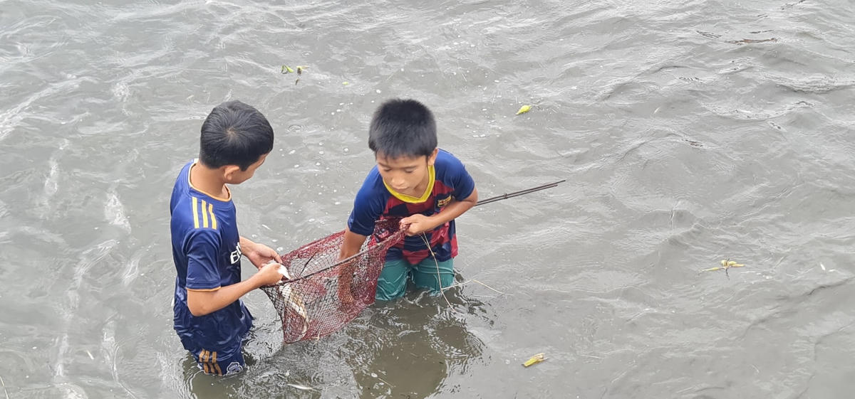Nhiều trẻ cũng tham gia vớt cá giúp người thân với sự hào hứng khôn tả.