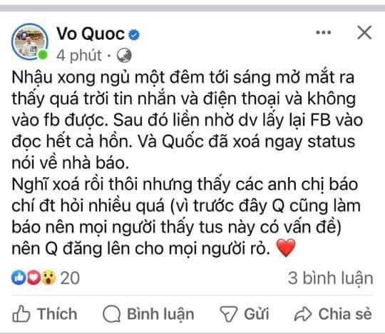 Đoạn bài viết Facebook Vo Quoc sau đó thanh minh rằng bị hack và bài viết này cũng bị xóa ngay sau đó. 