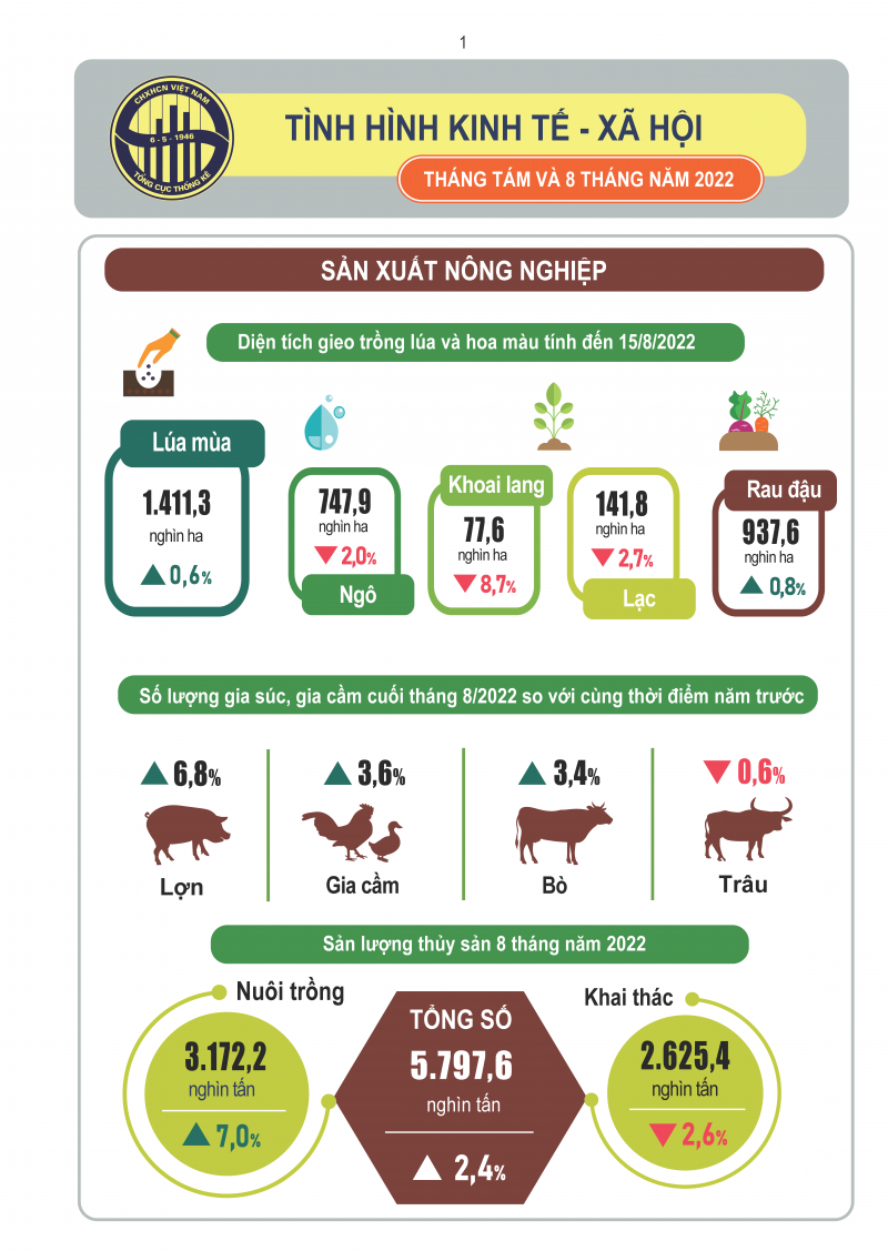 [Infographic] Tình hình kinh tế - xã hội tháng 8 và 8 tháng năm 2022