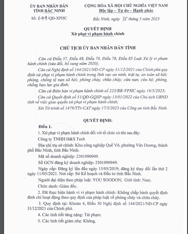 Công ty TNHH H&S Tech bị xử phạt 90 triệu đồng.