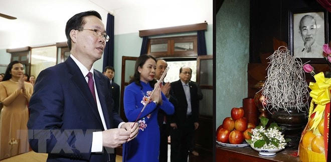 Chủ tịch nước Võ Văn Thưởng dâng hương tưởng niệm Chủ tịch Hồ Chí Minh tại Nhà 67, Khu di tích Chủ tịch Hồ Chí Minh trong Phủ Chủ tịch. Ảnh: Thống Nhất/TTXVN.