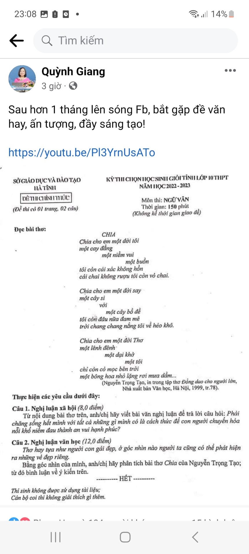 Ảnh chụp màn hình Facebook cô Quỳnh Giang.