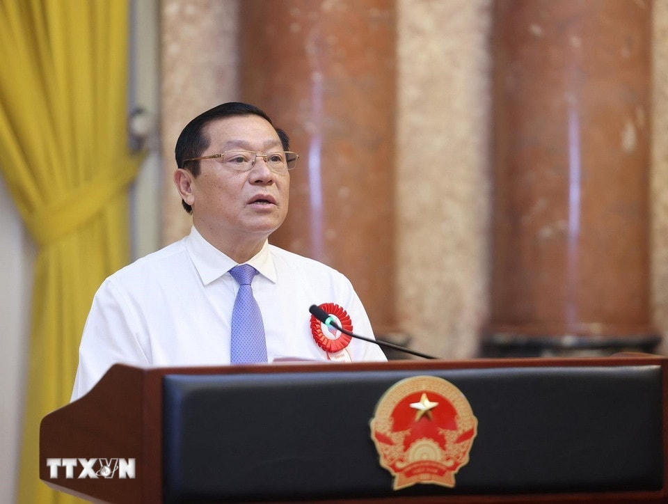 Đồng chí Lại Xuân Môn, Uỷ viên Trung ương Đảng, Phó Trưởng ban Thường trực Ban Tuyên giáo và Dân vận Trung ương báo cáo. (Ảnh: Lâm Khánh/TTXVN)