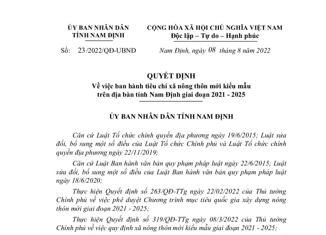Quyết định ban hành tiêu chí xã NTM kiểu mẫu giai đoạn 2021 - 2025 của UBND tỉnh Nam Định.