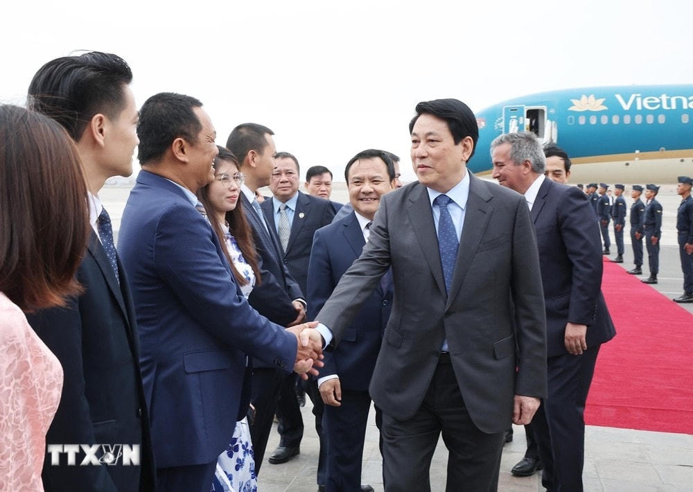 Đại biểu đón Chủ tịch nước Lương Cường tại Sân bay Quốc tế Jorge Chávez ở thủ đô Lima. (Ảnh: Lâm Khánh/TTXVN) ttxvn_chu_tich_nuoc_4.jpg