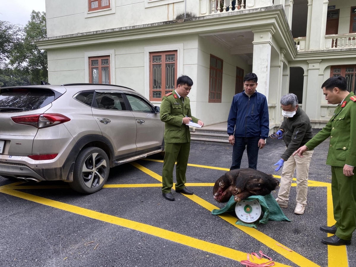 Bùi Văn Tuấn (áo xanh dương) bị bắt giữ trên đường mang bán động vật hoang dã.