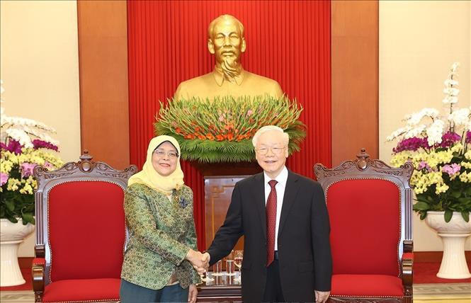 Tổng Bí thư Nguyễn Phú Trọng tiếp Tổng thống Cộng hòa Singapore Halimah Yacob thăm cấp Nhà nước Việt Nam. Ảnh: Trí Dũng/TTXVN.