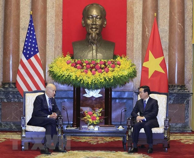 Chủ tịch nước Võ Văn Thưởng tiếp Tổng thống Hoa Kỳ Joe Biden. (Ảnh: Thống Nhất/TTXVN).