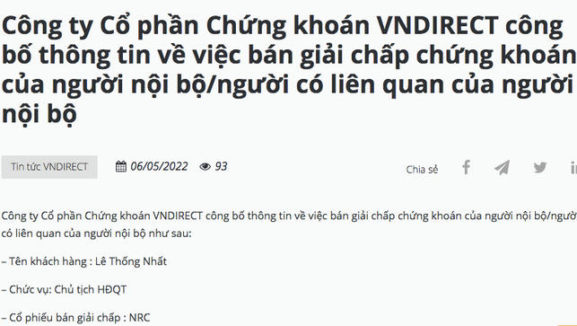 Thông báo bán giải chấp chứng khoán đối với Chủ tịch HĐQT Danh Khôi.