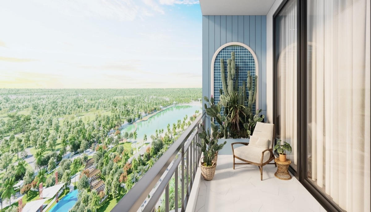 Kể cả với căn hộ studio hay căn hộ 1 phòng ngủ + 1 có diện tích khiêm tốn thì chủ đầu tư cũng dành quỹ đất khoảng 3 - 4m2 cho khu vực ban công. Chỉ cần bố trí một chút tiểu cảnh và ghế tựa, gia chủ có thể hô biến ban công thành góc đọc sách, ngắm phố phường cực thư giãn.
