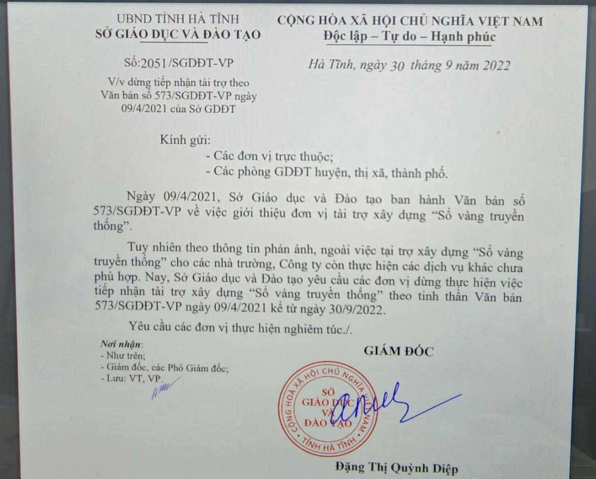 Sở GD&ĐT yêu cầu dừng tiếp nhận tài trợ của Công ty TNHH Nguyên Cầu.