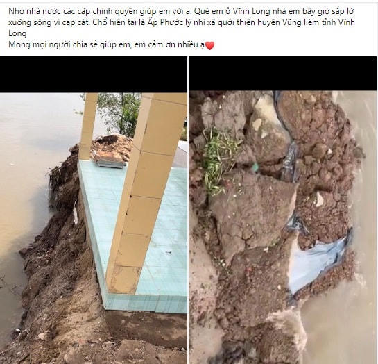 Một người dùng mạng xã hội facebook chia sẻ về tình hình sạt lở tại Vĩnh Long. 