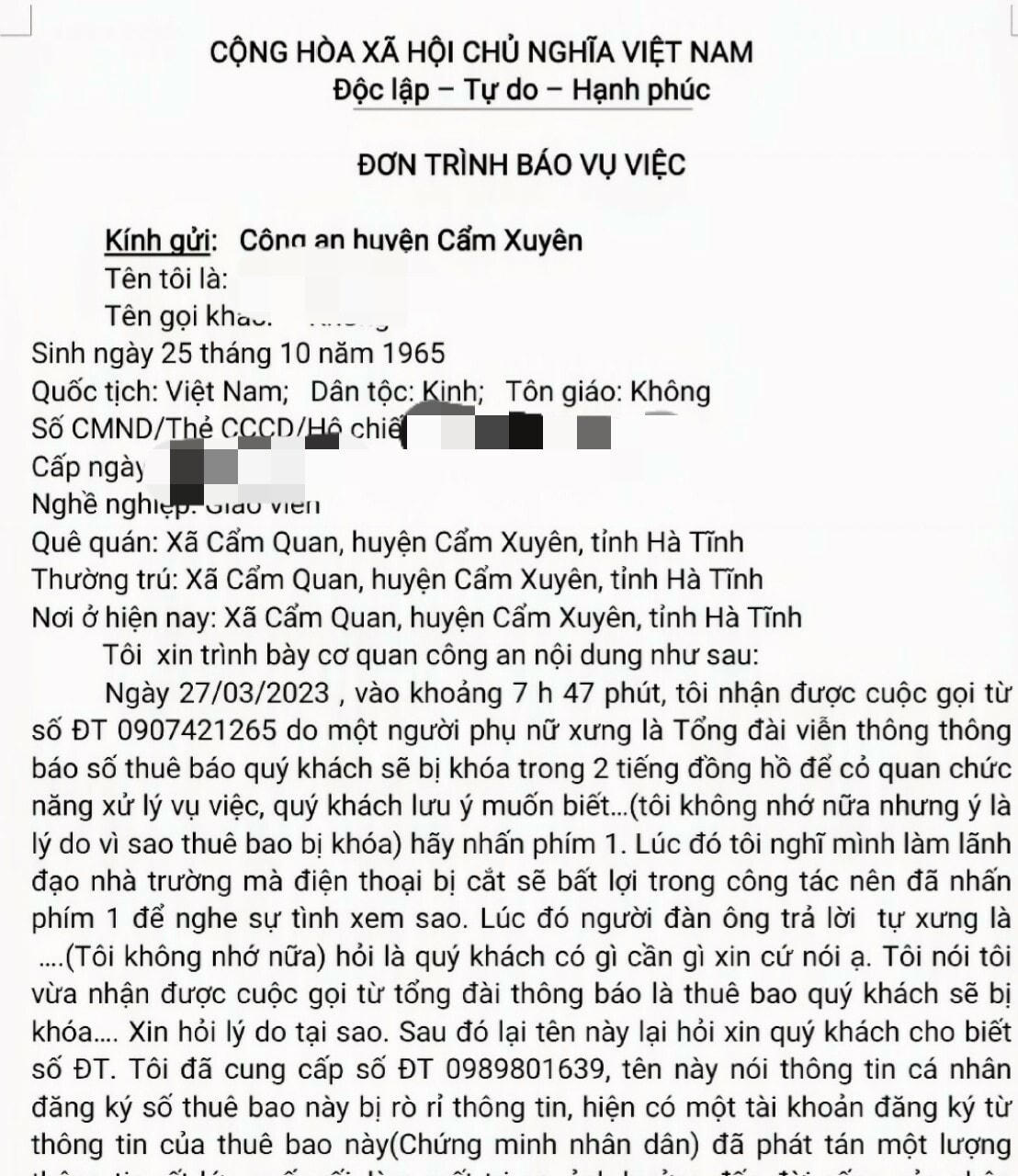 Đơn trình báo của ông C.V.S.