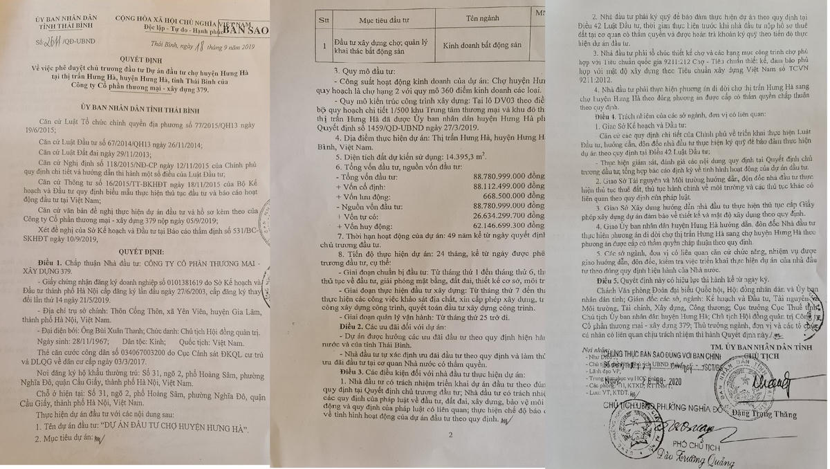 Quyết định phê duyệt chủ trương đầu tư dự án đầu tư xây dựng chợ huyện Hưng Hà