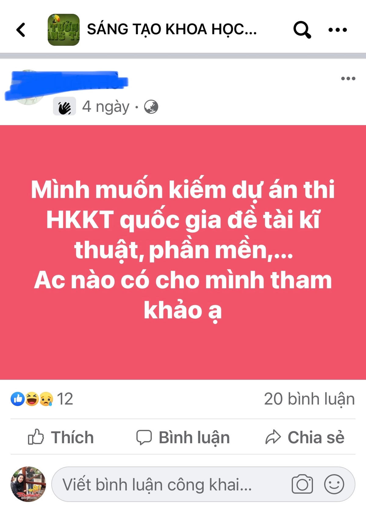 Người mua đăng thông tin tìm kiếm dự án khoa học kỹ thuật trên mạng xã hội.