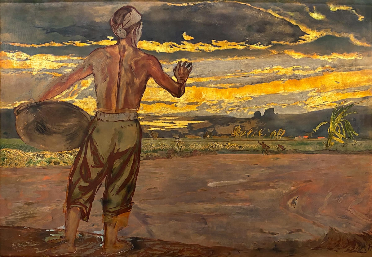 "Bình minh trên nông trang" của họa sĩ Nguyễn Đức Nùng (1914-1983) vẽ năm 1958, chất liệu sơn mài. Kích thước 63 x 91,2cm.