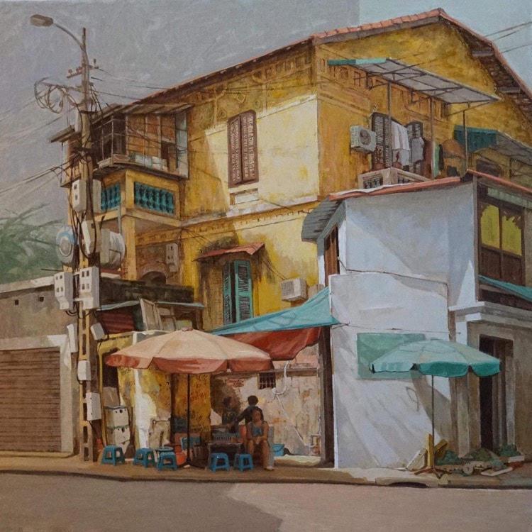Hoạ sỹ Phạm Xuân Trung tham gia bức tranh Phố Hà Nội rực rỡ trong nắng. Phố mang tâm hồn Hà Nội trong mắt ai.