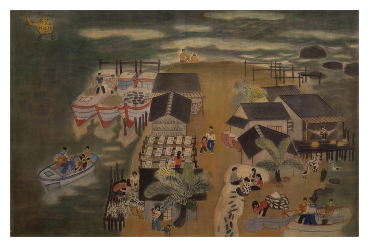 Tác phẩm tranh lụa ''Xóm biển Phú Quốc'' của hoạ sĩ Đỗ Sơn.