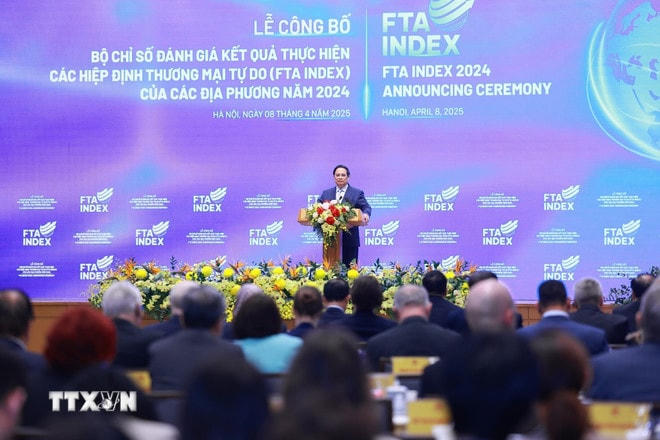 Thủ tướng Phạm Minh Chính phát biểu tại Lễ công bố Bộ chỉ số đánh giá kết quả thực hiện các hiệp định thương mại tự do (FTA INDEX) của các địa phương năm 2024. (Ảnh: Dương Giang/TTXVN) ttxvn-thu-tuong-du-le-cong-bo-bo-chi-so-danh-gia-ket-qua-thuc-hien-cac-hiep-dinh-thuong-mai-tu-do-08-11.jpg